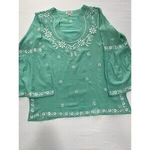 Boho Coastal Grandma Seafoam Green Embroidered Bell Sleeve Tunic Top M